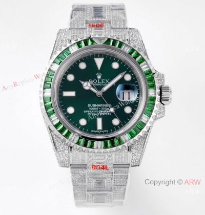 Swiss Grade Clone Rolex Iced Out Submariner Watch Swiss 3135 Green Dial